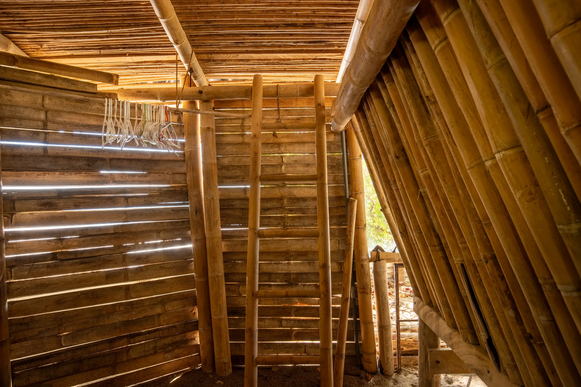 Rustic bamboo shower enclosure near the van